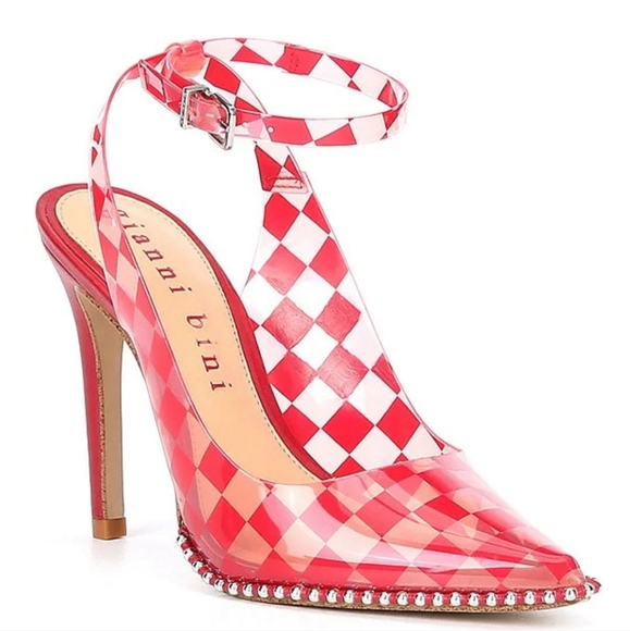 Gianni Bini Shoes - Gianni Bini, the Renatay Clear Checked Vinyl Studded Detail Ankle-Strap Pumps